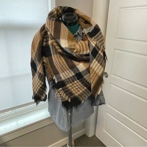 ModCloth Tan and Black Plaid Frayed End Blanket Scarf